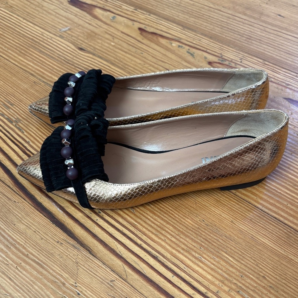 Pollini Pointed‎ Toe Flats Women Gold Good Snakeskin Fringe Suede SIZE 38.5 - Picture 3 of 5
